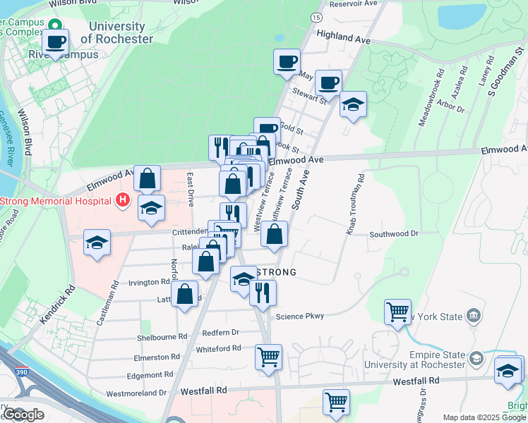 map of restaurants, bars, coffee shops, grocery stores, and more near 104 Westview Terrace in Rochester