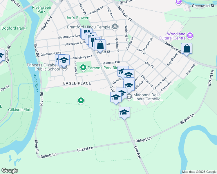 map of restaurants, bars, coffee shops, grocery stores, and more near 333 Erie Avenue in Brantford