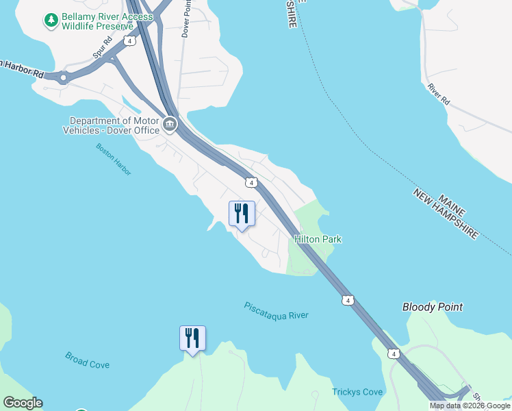 map of restaurants, bars, coffee shops, grocery stores, and more near 435 Dover Point Road in Dover