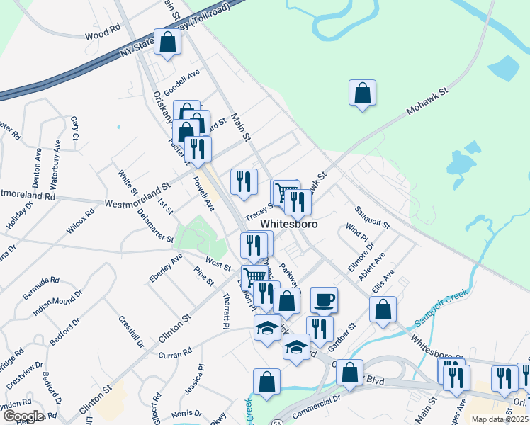 map of restaurants, bars, coffee shops, grocery stores, and more near 10 Clinton Street in Whitesboro