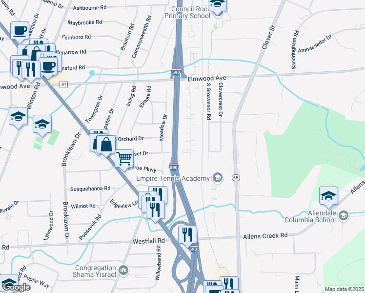 map of restaurants, bars, coffee shops, grocery stores, and more near 337 Sunset Court in Rochester