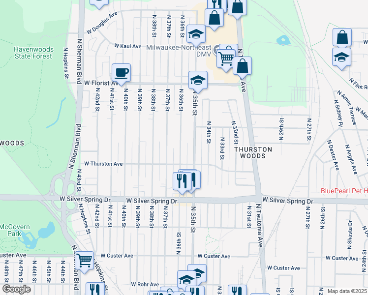 map of restaurants, bars, coffee shops, grocery stores, and more near 5722 North 36th Street in Milwaukee