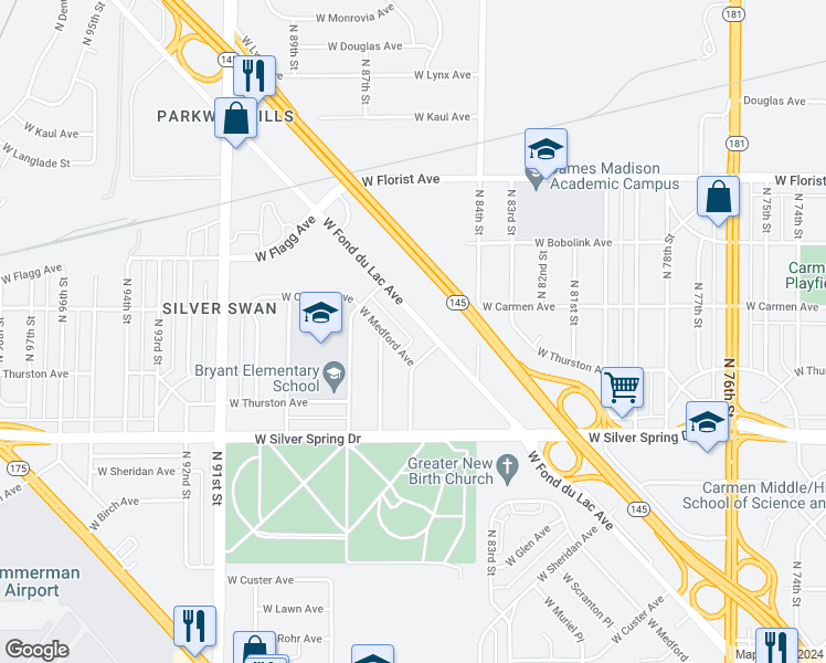 map of restaurants, bars, coffee shops, grocery stores, and more near 8612-8614 West Medford Avenue in Milwaukee