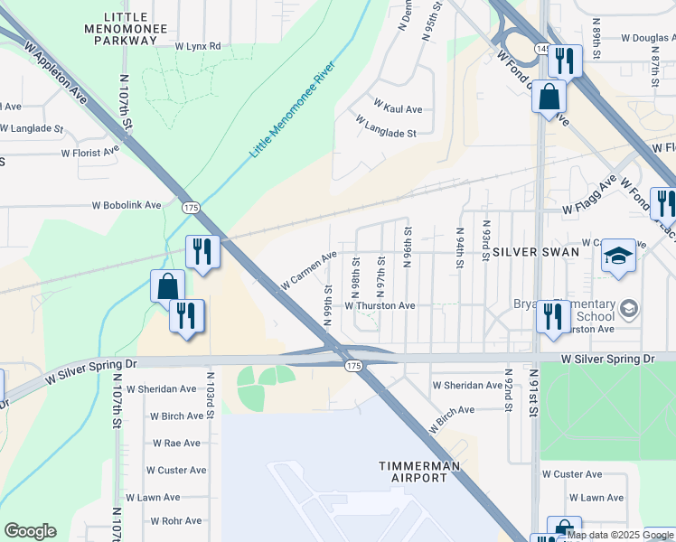 map of restaurants, bars, coffee shops, grocery stores, and more near 5729 North 98th Street in Milwaukee