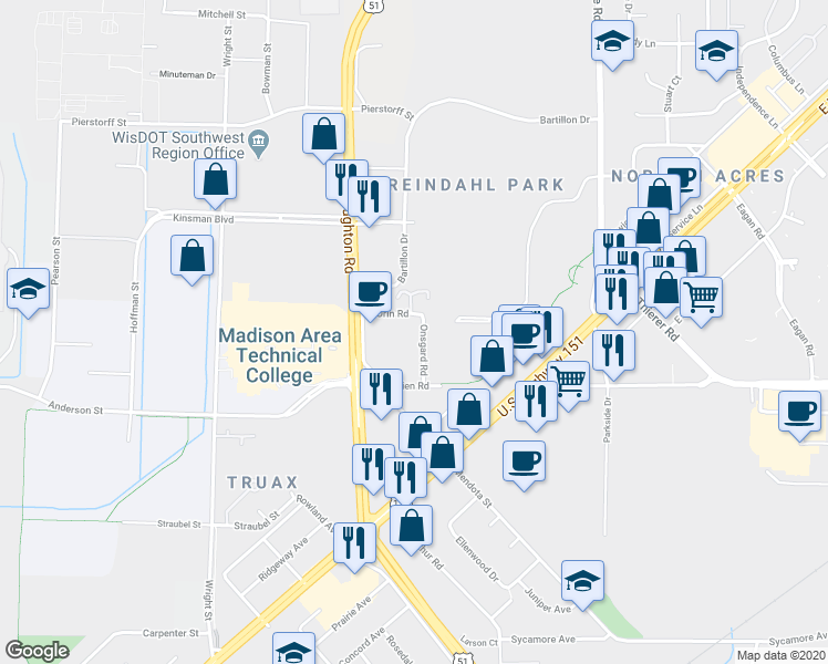 map of restaurants, bars, coffee shops, grocery stores, and more near 1713 Onsgard Road in Madison