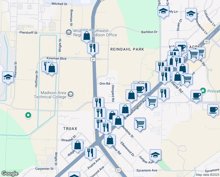 map of restaurants, bars, coffee shops, grocery stores, and more near 1717 North Stoughton Road in Madison