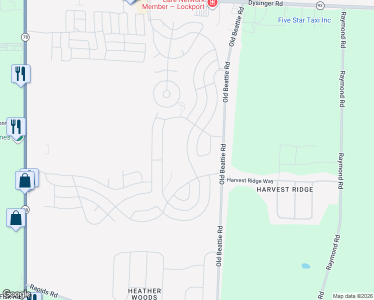 map of restaurants, bars, coffee shops, grocery stores, and more near 598 Birchwood Drive in Lockport