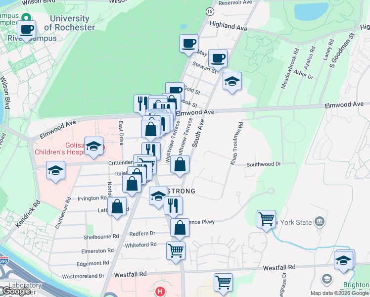 map of restaurants, bars, coffee shops, grocery stores, and more near 134 Southview Terrace in Rochester