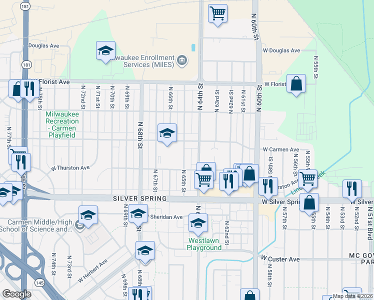 map of restaurants, bars, coffee shops, grocery stores, and more near 5735 North 64th Street in Milwaukee
