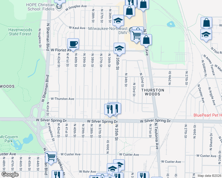 map of restaurants, bars, coffee shops, grocery stores, and more near 5722 North 36th Street in Milwaukee
