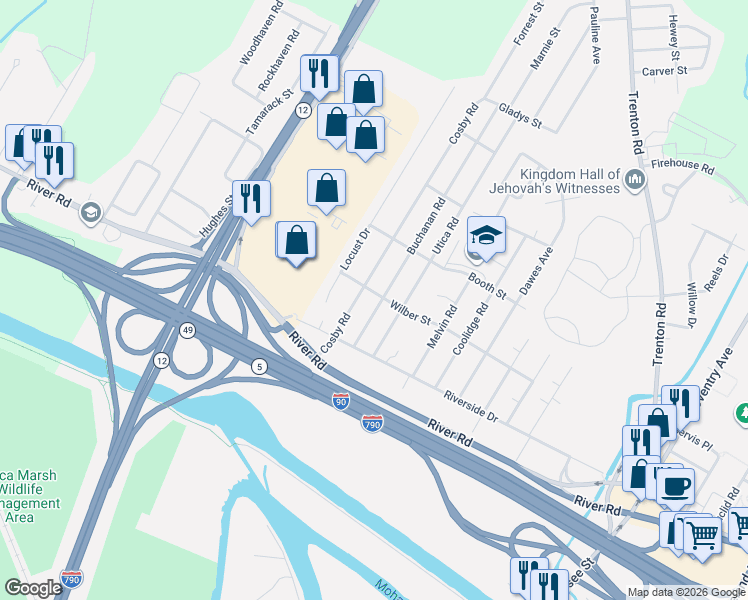 map of restaurants, bars, coffee shops, grocery stores, and more near 408 Buchanan Road in Utica