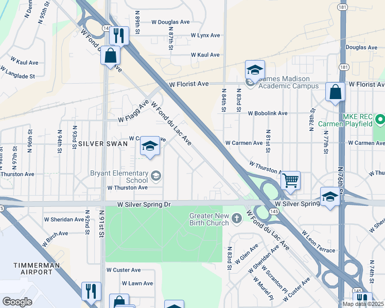map of restaurants, bars, coffee shops, grocery stores, and more near 8612-8614 West Medford Avenue in Milwaukee