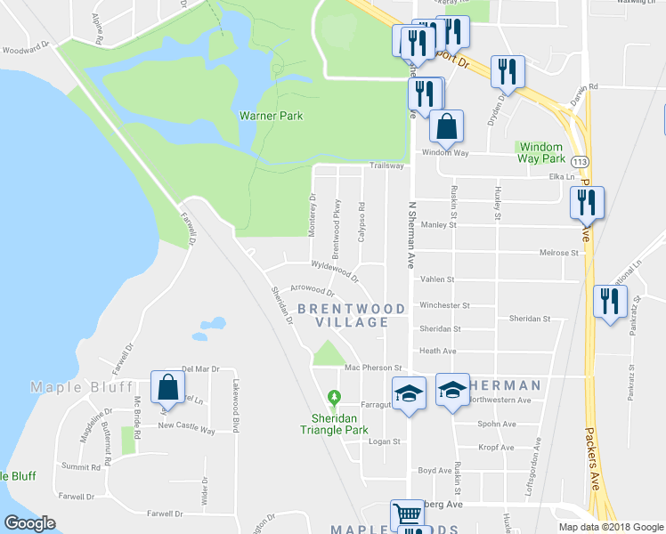 map of restaurants, bars, coffee shops, grocery stores, and more near 1430 Wyldewood Drive in Madison