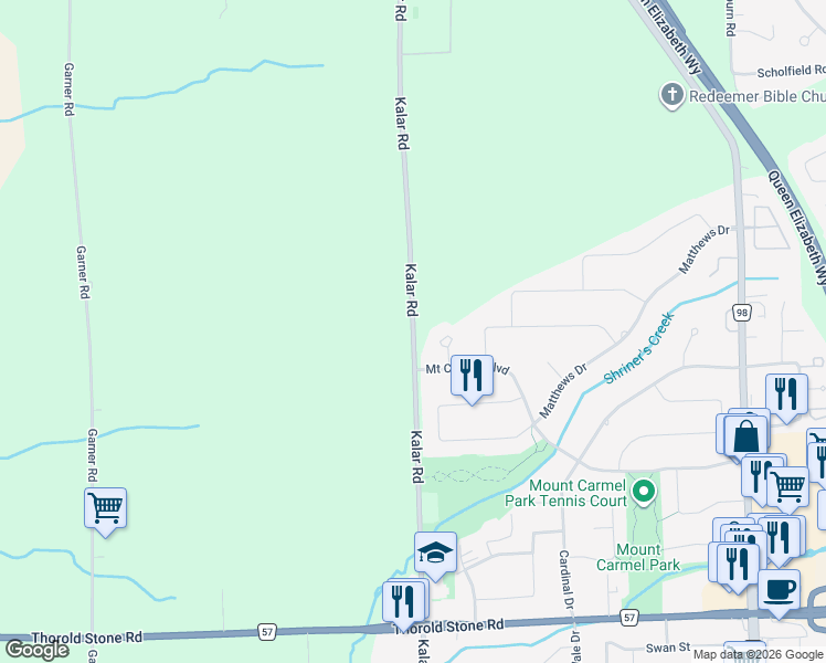 map of restaurants, bars, coffee shops, grocery stores, and more near Kalar Road in Niagara Falls
