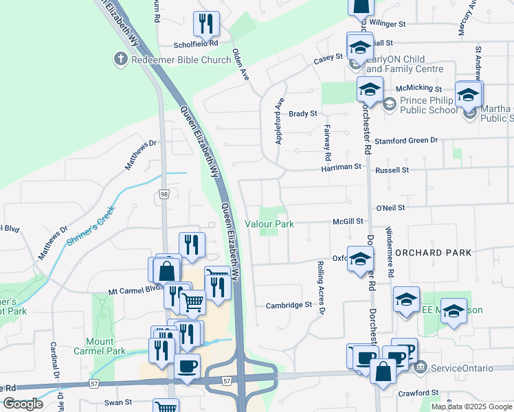 map of restaurants, bars, coffee shops, grocery stores, and more near 3416 Baker Crescent in Niagara Falls