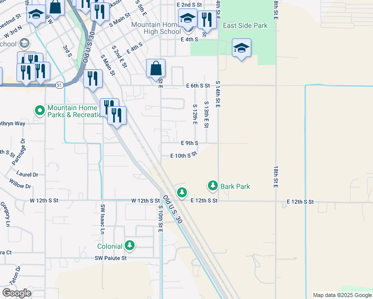map of restaurants, bars, coffee shops, grocery stores, and more near 1090 East 10th South in Mountain Home