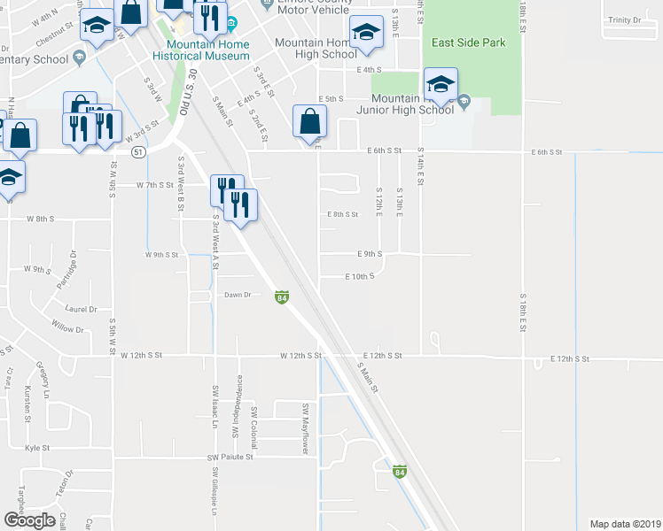 map of restaurants, bars, coffee shops, grocery stores, and more near 935 Daniels Road in Mountain Home