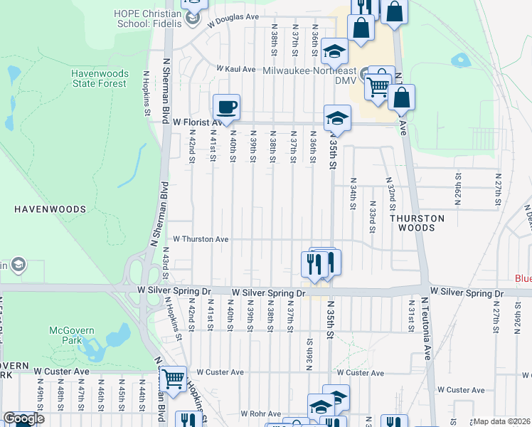 map of restaurants, bars, coffee shops, grocery stores, and more near 5727 North 38th Street in Milwaukee
