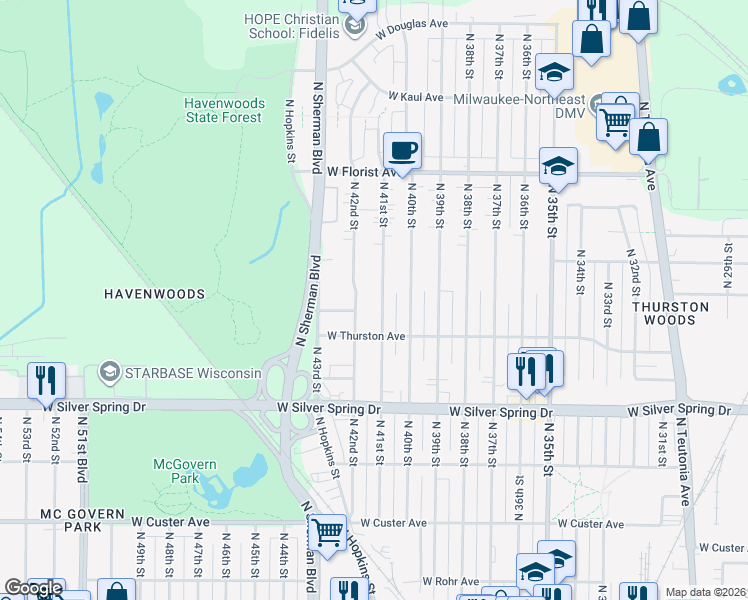 map of restaurants, bars, coffee shops, grocery stores, and more near 5720 North 42nd Street in Milwaukee