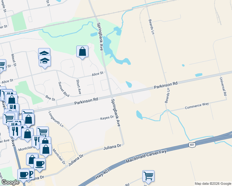 map of restaurants, bars, coffee shops, grocery stores, and more near 1000 Parkinson Road in Woodstock