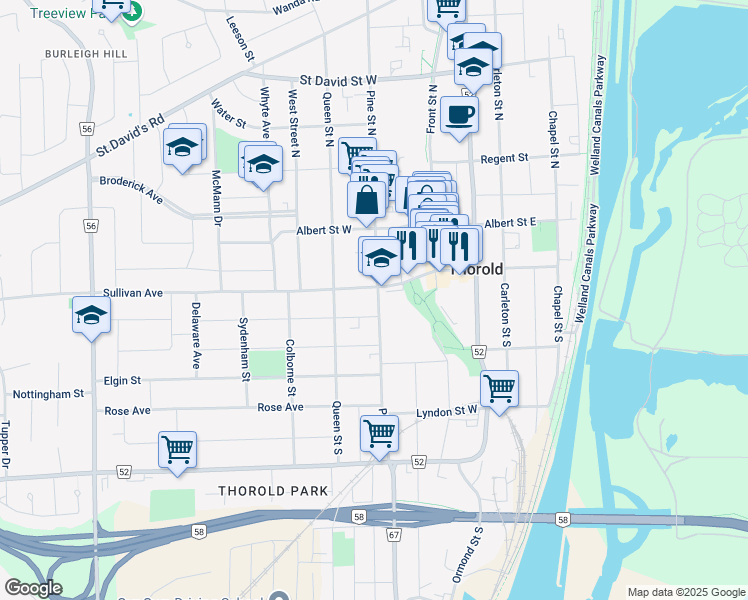 map of restaurants, bars, coffee shops, grocery stores, and more near 41 Pine Street South in Thorold