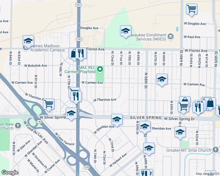 map of restaurants, bars, coffee shops, grocery stores, and more near 5722 North 73rd Street in Milwaukee