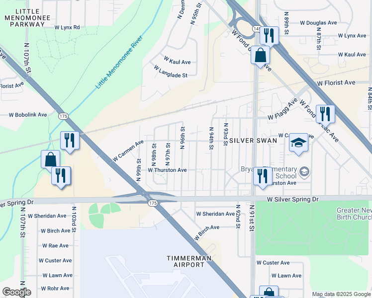 map of restaurants, bars, coffee shops, grocery stores, and more near 5758 North 96th Street in Milwaukee