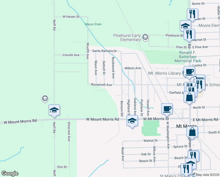 map of restaurants, bars, coffee shops, grocery stores, and more near 8177 Roosevelt Avenue in Mount Morris