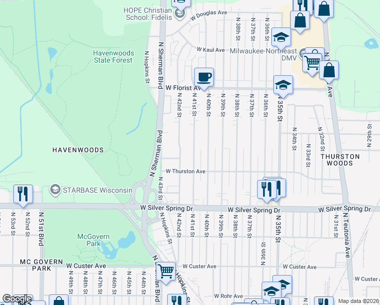 map of restaurants, bars, coffee shops, grocery stores, and more near 5720 North 42nd Street in Milwaukee