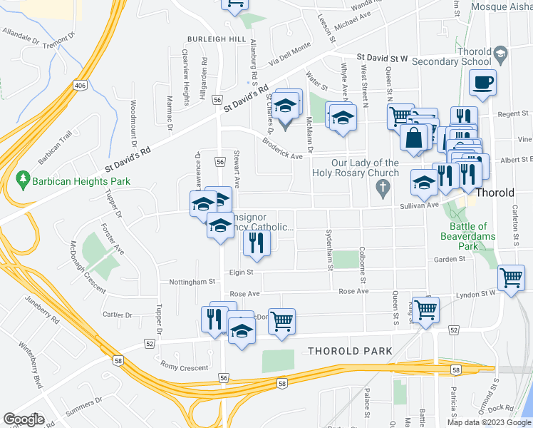 map of restaurants, bars, coffee shops, grocery stores, and more near 119 Sullivan Avenue in Thorold