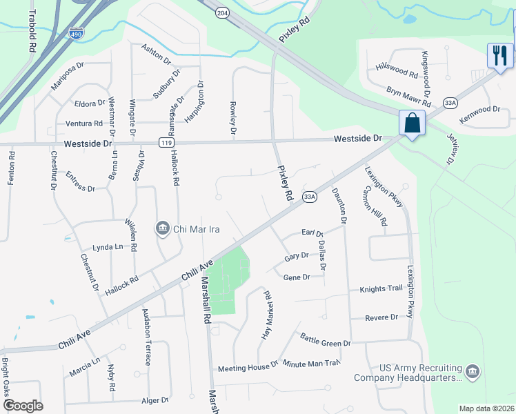 map of restaurants, bars, coffee shops, grocery stores, and more near 2738 Chili Avenue in Rochester