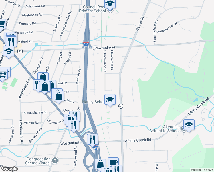 map of restaurants, bars, coffee shops, grocery stores, and more near 45 Emmons Drive in Rochester