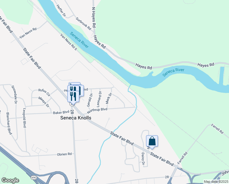 map of restaurants, bars, coffee shops, grocery stores, and more near 101 Paul Lane in Syracuse