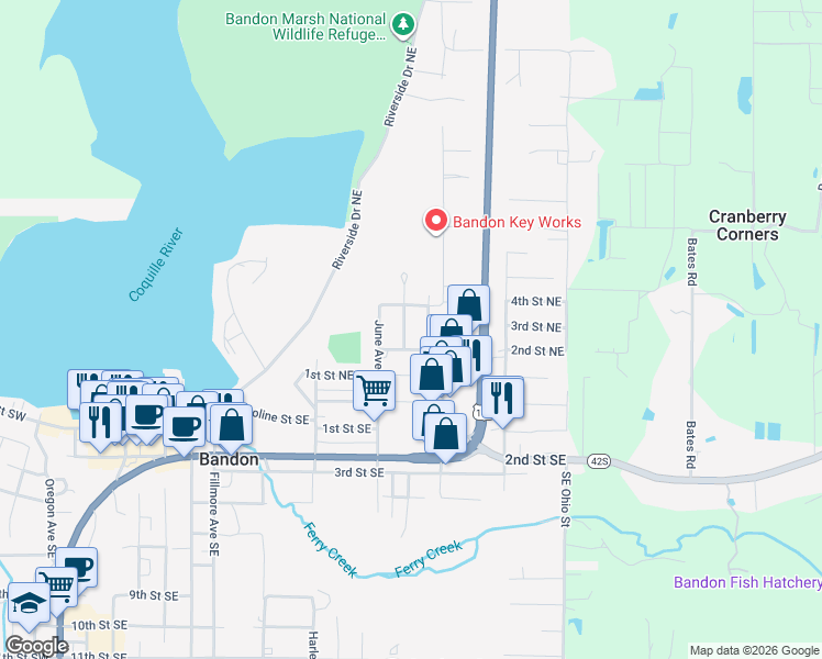 map of restaurants, bars, coffee shops, grocery stores, and more near 960 2nd Street Northeast in Bandon