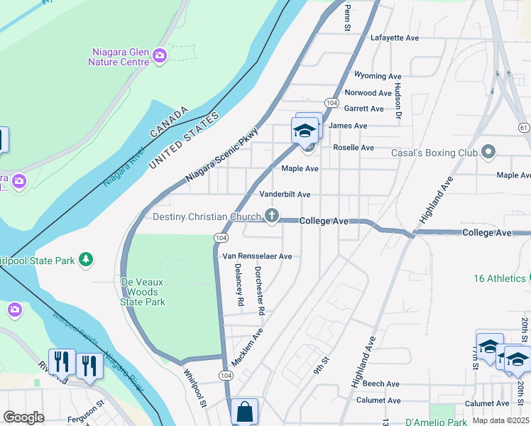 map of restaurants, bars, coffee shops, grocery stores, and more near 905 College Avenue in Niagara Falls
