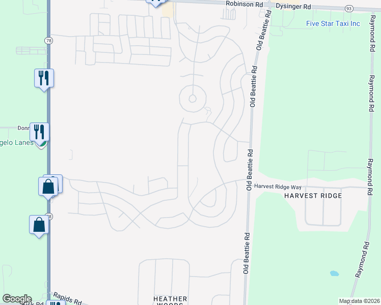 map of restaurants, bars, coffee shops, grocery stores, and more near 599 Birchwood Drive in Lockport