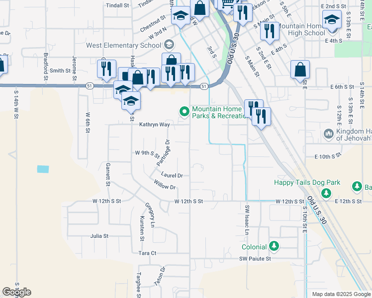 map of restaurants, bars, coffee shops, grocery stores, and more near 1050 Robin Place in Mountain Home