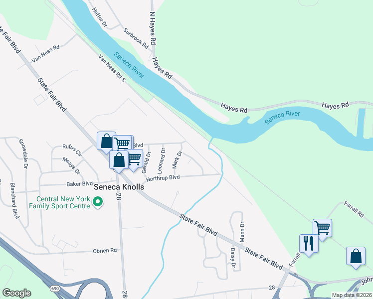 map of restaurants, bars, coffee shops, grocery stores, and more near 101 Paul Lane in Syracuse
