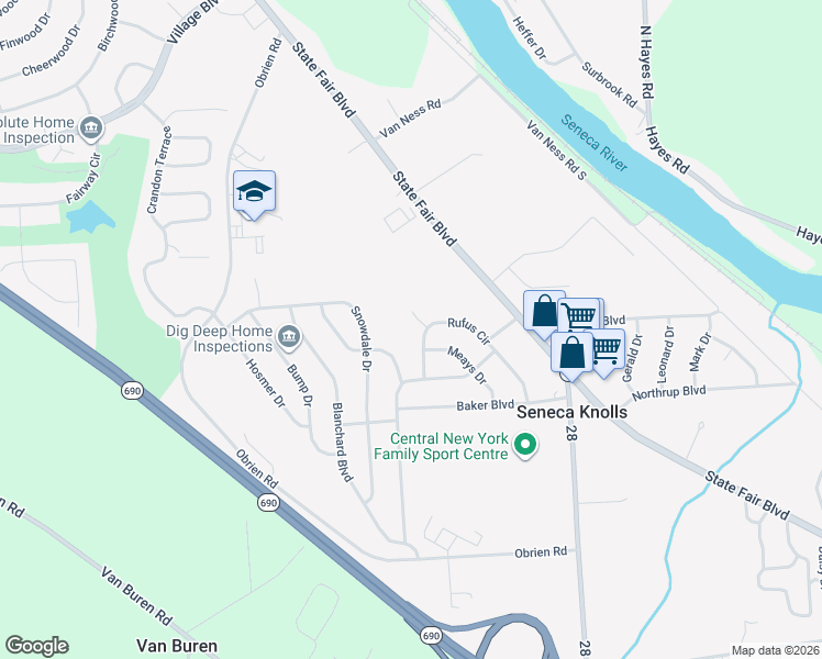 map of restaurants, bars, coffee shops, grocery stores, and more near 146 Rufus Circle in Syracuse