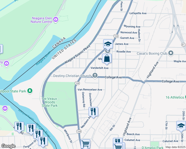 map of restaurants, bars, coffee shops, grocery stores, and more near 905 College Avenue in Niagara Falls