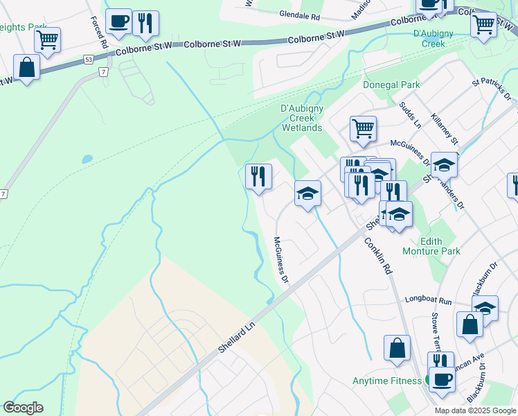 map of restaurants, bars, coffee shops, grocery stores, and more near 11 Heath Street in Brantford