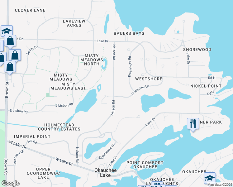 map of restaurants, bars, coffee shops, grocery stores, and more near N56W35275 Pondview Lane in Oconomowoc