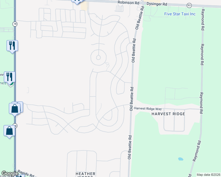 map of restaurants, bars, coffee shops, grocery stores, and more near 572 Birchwood Drive in Lockport