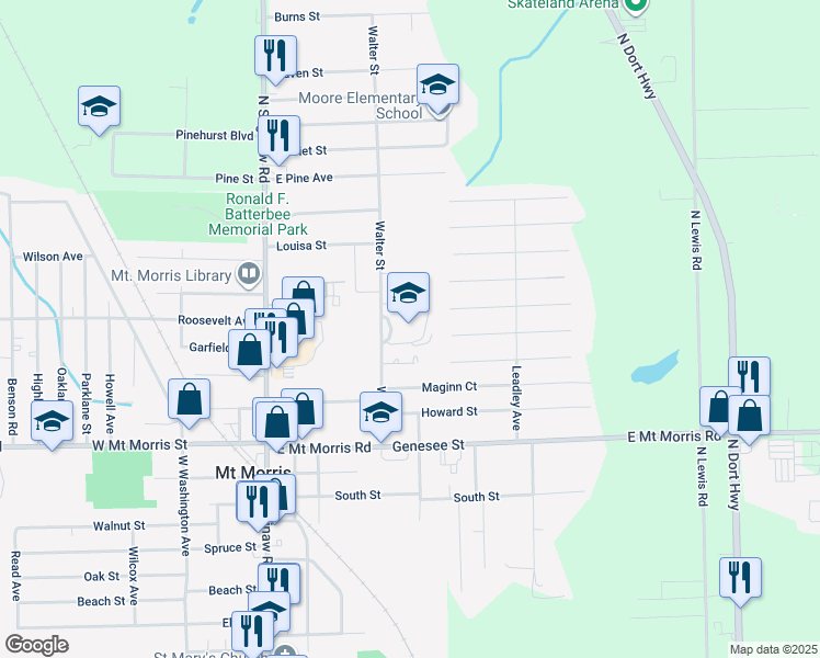 map of restaurants, bars, coffee shops, grocery stores, and more near 12356 Walter Street in Mount Morris