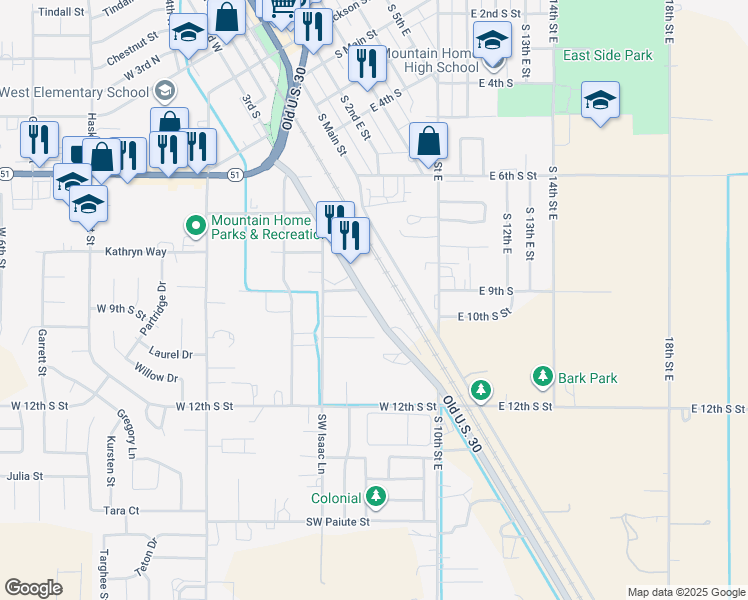 map of restaurants, bars, coffee shops, grocery stores, and more near 850 South 3rd West in Mountain Home