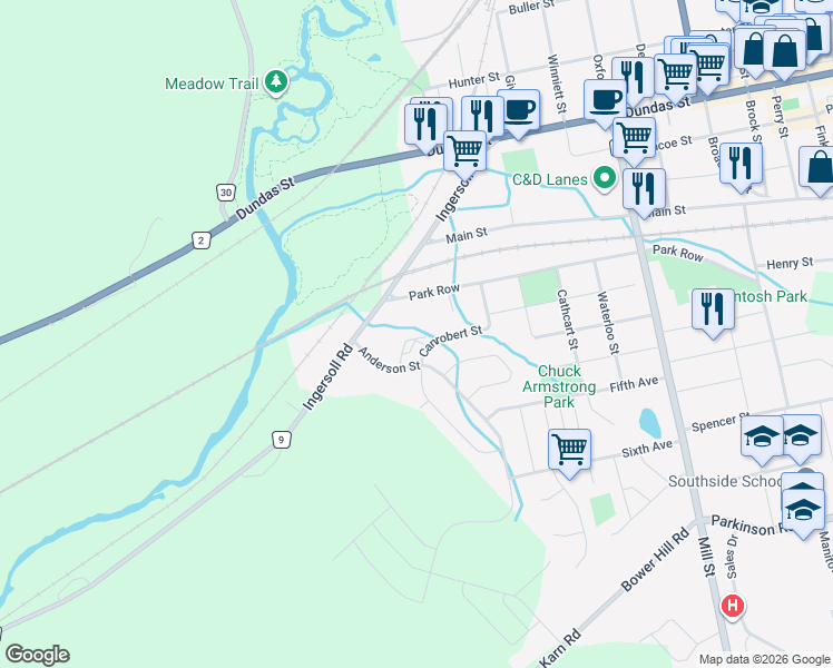 map of restaurants, bars, coffee shops, grocery stores, and more near 18 Anderson Street in Woodstock