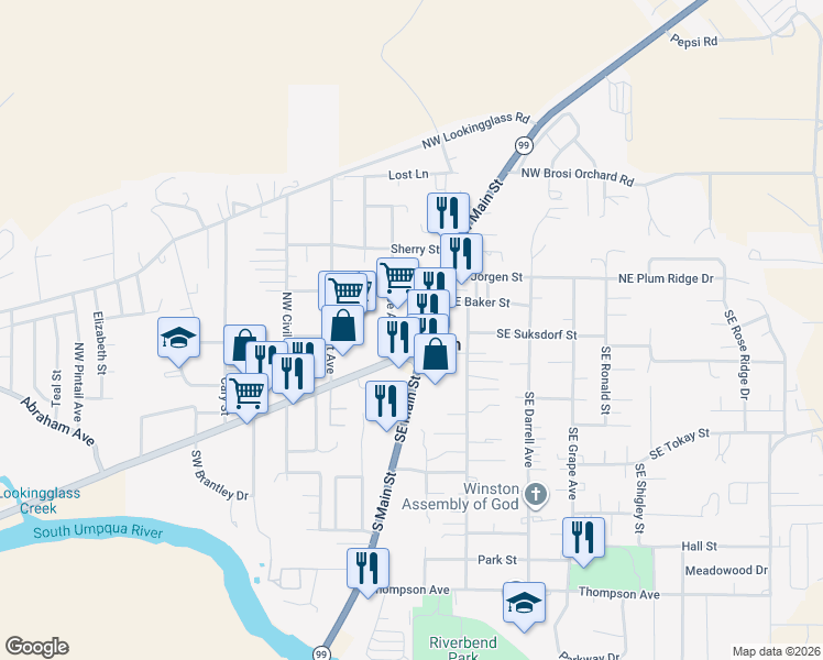 map of restaurants, bars, coffee shops, grocery stores, and more near 0 Coos Bay-Roseburg Highway in Winston