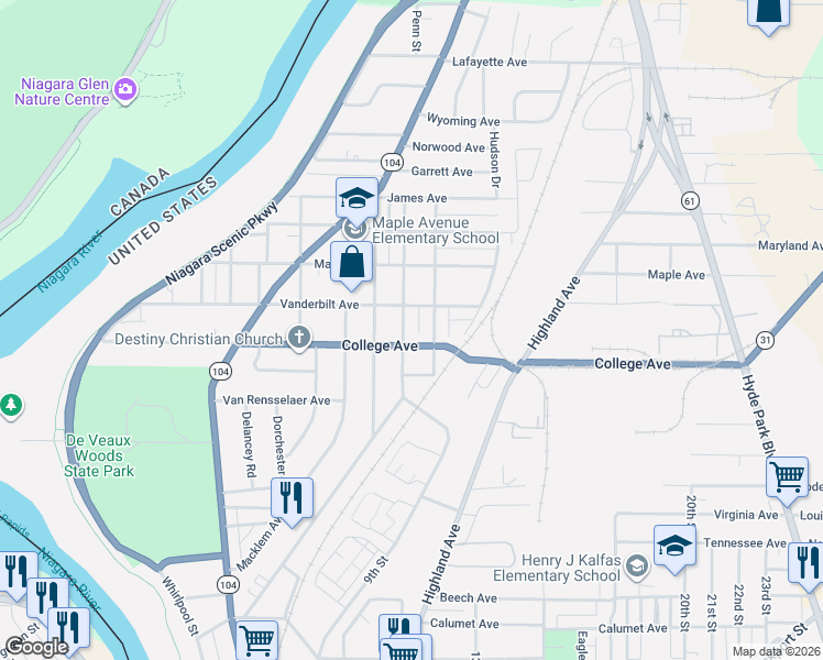 map of restaurants, bars, coffee shops, grocery stores, and more near 1214 Vanderbilt Avenue in Niagara Falls