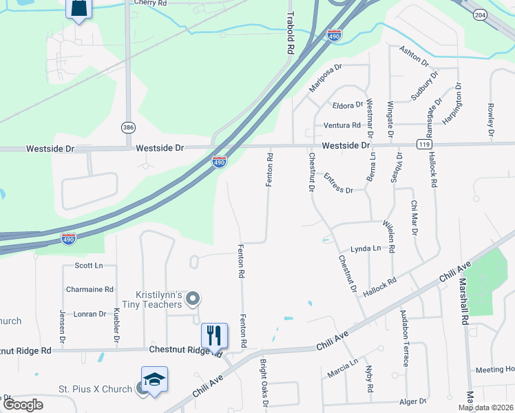 map of restaurants, bars, coffee shops, grocery stores, and more near 33 Everett Drive in Rochester