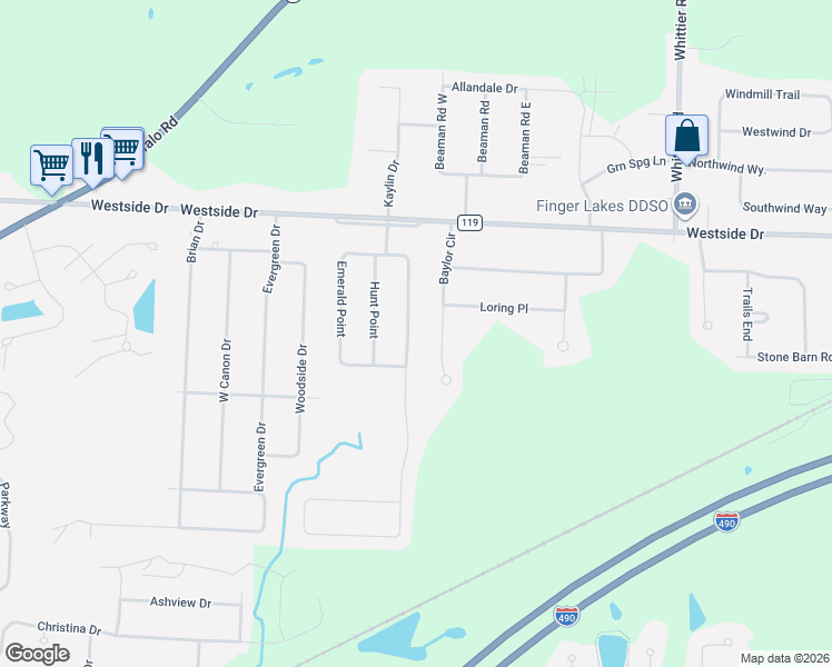 map of restaurants, bars, coffee shops, grocery stores, and more near 19 Baylor Circle in Rochester